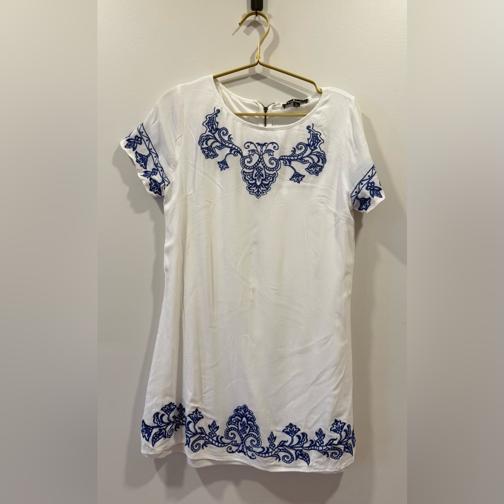 Lulu's White Tunic Dress with Blue Embroidery